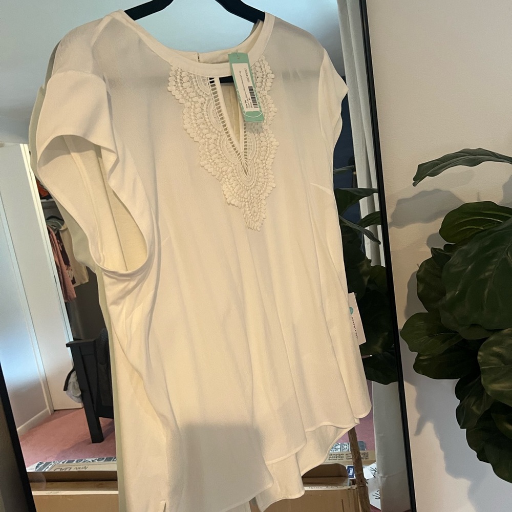 White Work blouse, pale sky